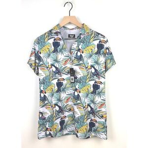 Waggle Womens Large Sammy Polo Shirt Toucan Tropical Golf Athletic Fit NWT